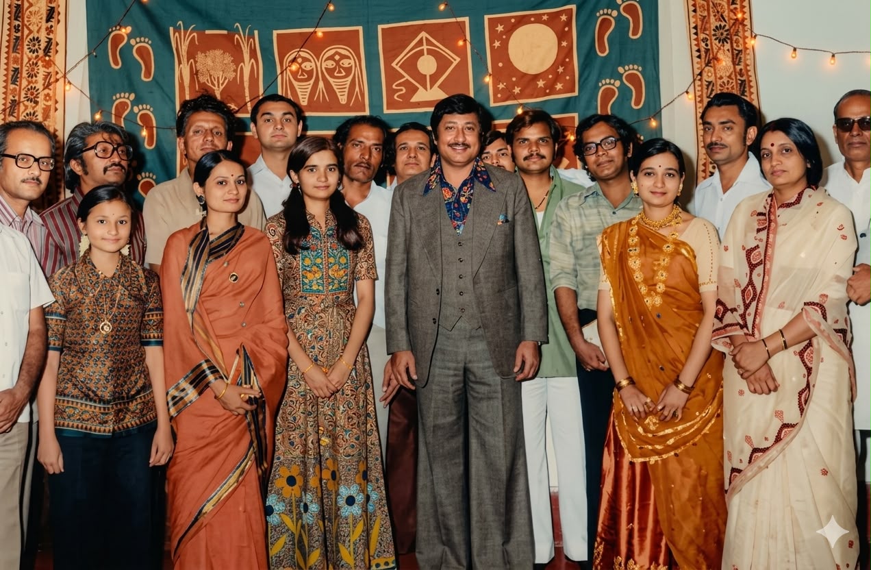 The day of Parvani. Poyani Oza (front, gold sari) and Mohammadbhai Dekhaiya (back row) among the group.